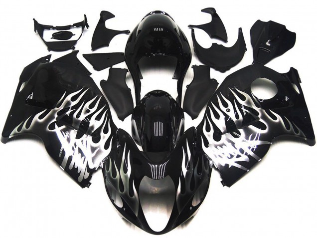 Aftermarket 1997-2007 Gloss Black with Silver Flames Suzuki GSXR 1300 Motorcycle Fairings