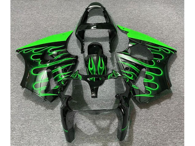 Aftermarket 2000-2002 Gloss Black & Green Flame Kawasaki ZX6R Motorcycle Fairings