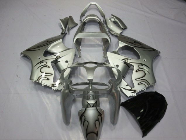 Aftermarket 2000-2002 Silver Flame Kawasaki ZX6R Motorcycle Fairings