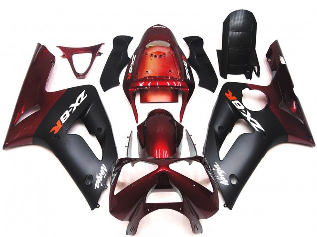 Aftermarket 2003-2004 Matte Black and Maroon Kawasaki ZX6R Motorcycle Fairings