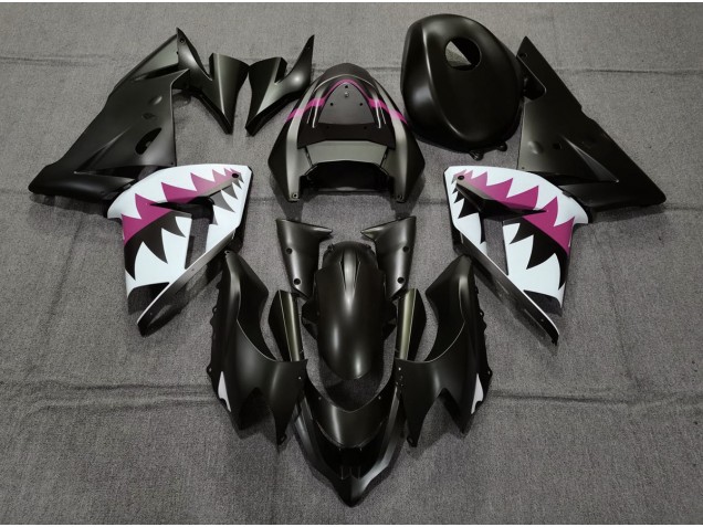 Aftermarket 2004-2005 copy of Matte Black and Pink Shark Kawasaki ZX10R Motorcycle Fairings