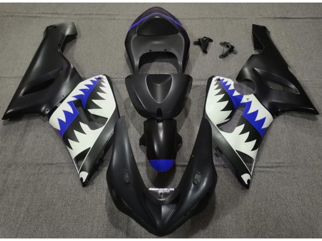 Aftermarket 2005-2006 Matte Black and Blue Shark Kawasaki ZX6R Motorcycle Fairings