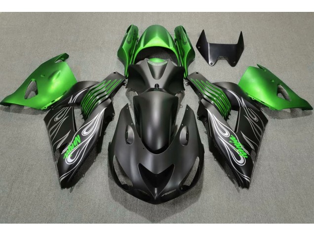 Aftermarket 2006-2011 Matte Black and Green Kawasaki ZX14R Motorcycle Fairings