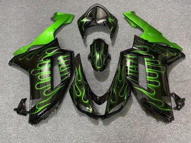 Aftermarket 2007-2008 Gloss Black & Green Flame Kawasaki ZX6R Motorcycle Fairings