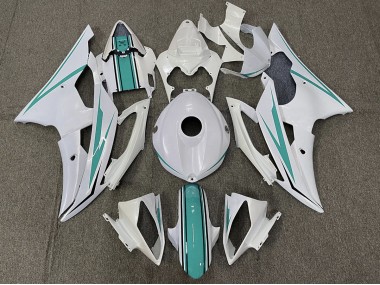 Aftermarket 2008-2016 Gloss White and Teal Yamaha R6 Motorcycle Fairings