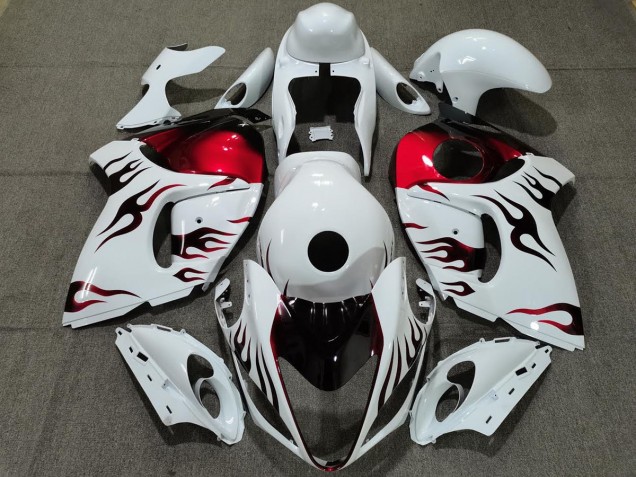 Aftermarket 2008-2019 Gloss White & Red Flame Suzuki GSXR 1300 Motorcycle Fairings