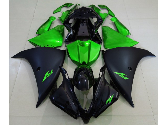 Aftermarket 2012-2014 Matte Black and Green Yamaha R1 Motorcycle Fairings